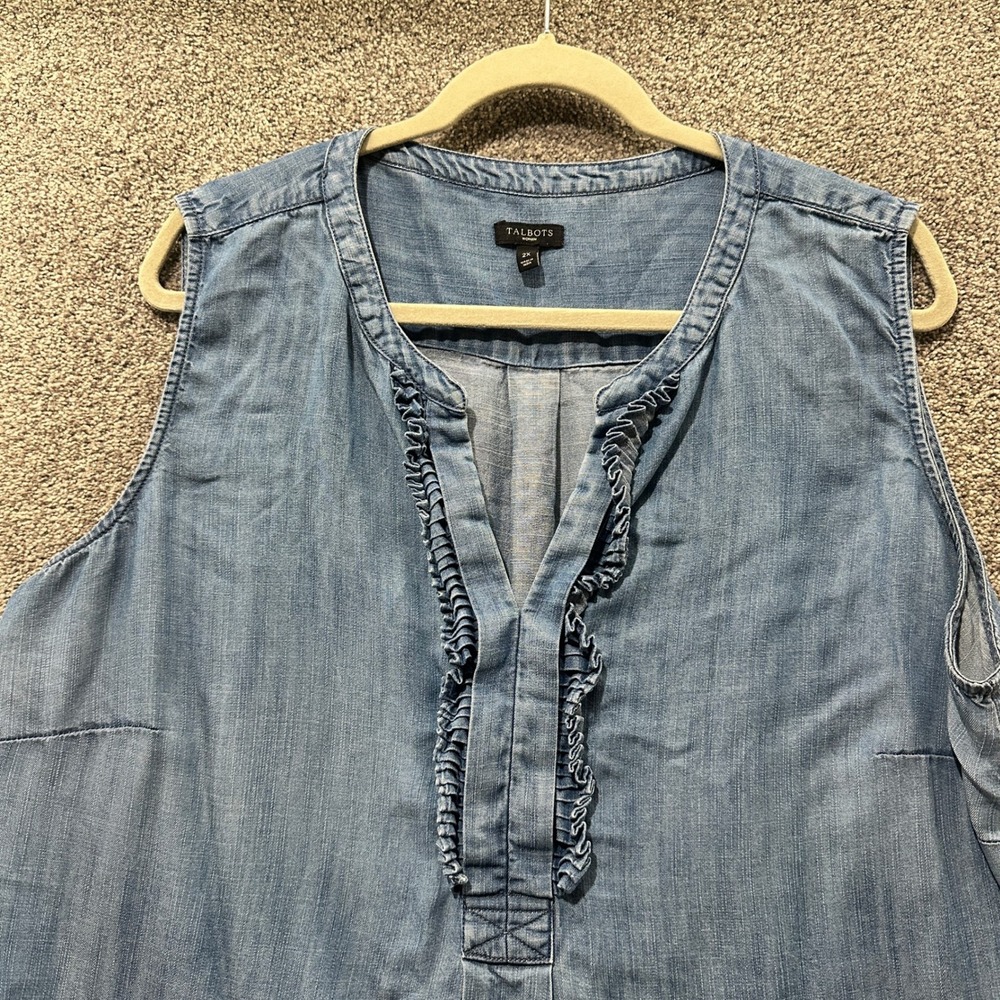 Talbots Blouse Top Sleeveless‎ Denim Chambray Lyocell Ruffle Neck Tank Casual - Picture 6 of 10
